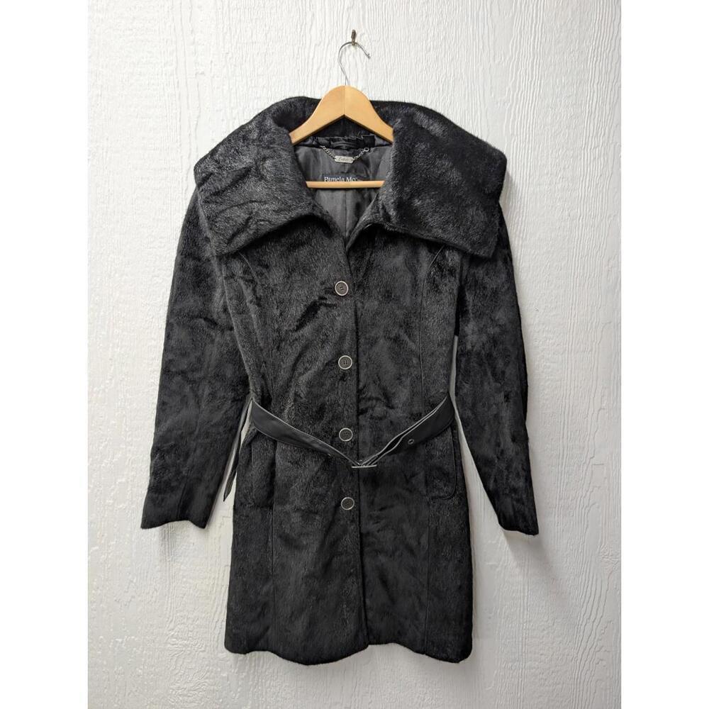 Pamela McCoy Black Faux Fur Pea Coat French Jacket Belted Size XS